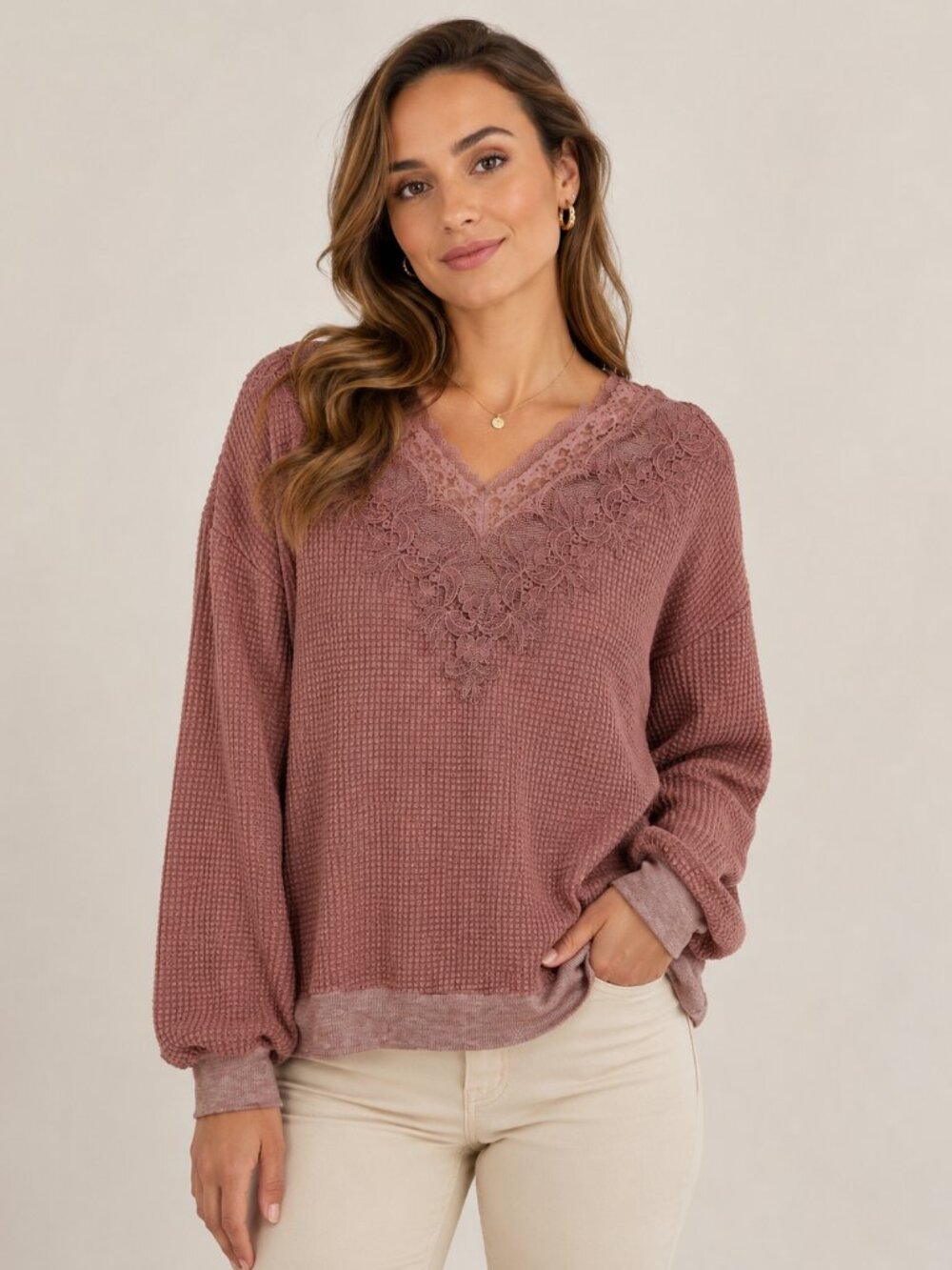 Listicle Dusty Rose Waffle Knit Lace V-Neck Top Long Sleeve Size L